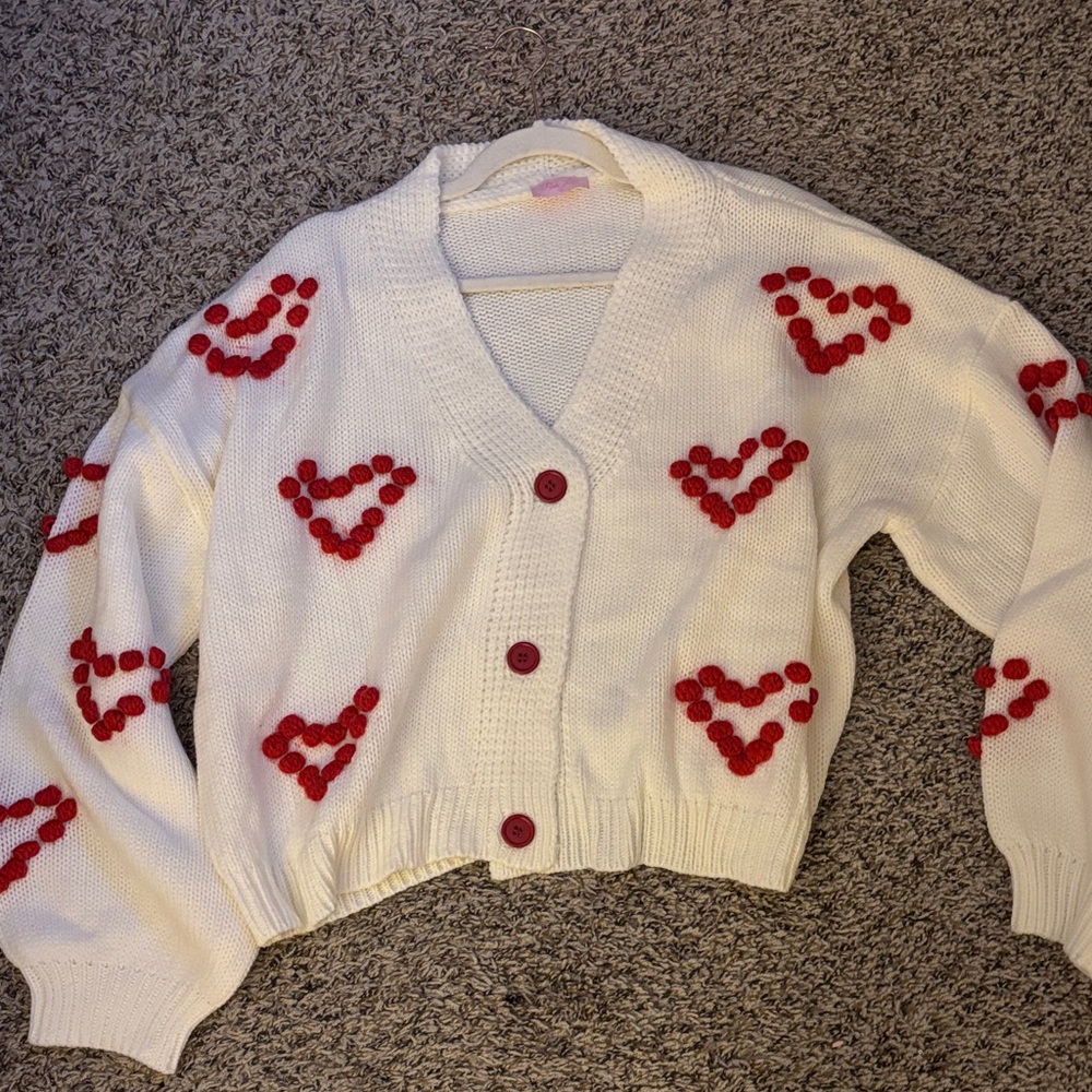 Pink Lily White and Red Heart Cardigan valentines